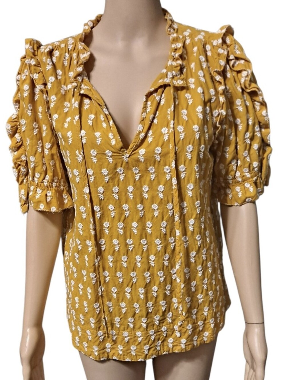 J.Crew Mustard Floral Ruffle Sleeve Top